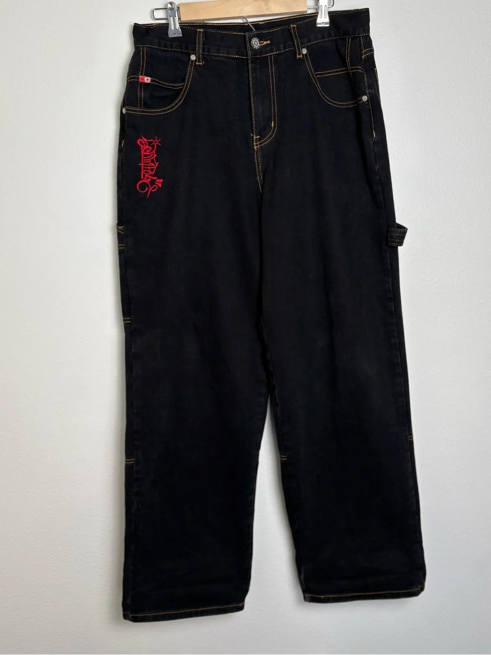 South Pole Men's Black Baggy Jeans with Red Embroidery Medium